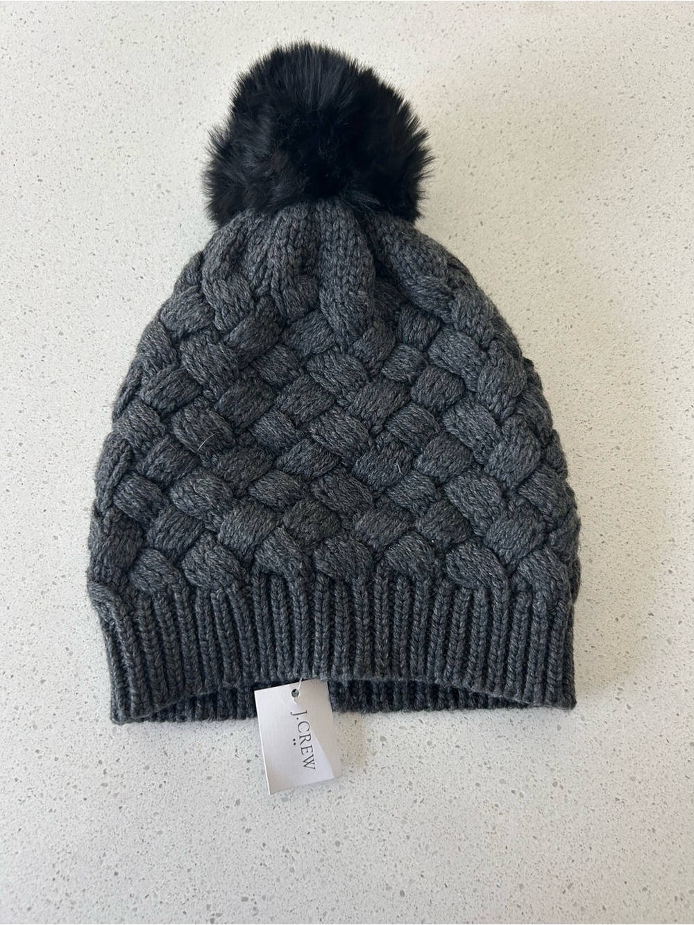 J.Crew Gray Black Pom Pom Beanie Hat NWT One Size